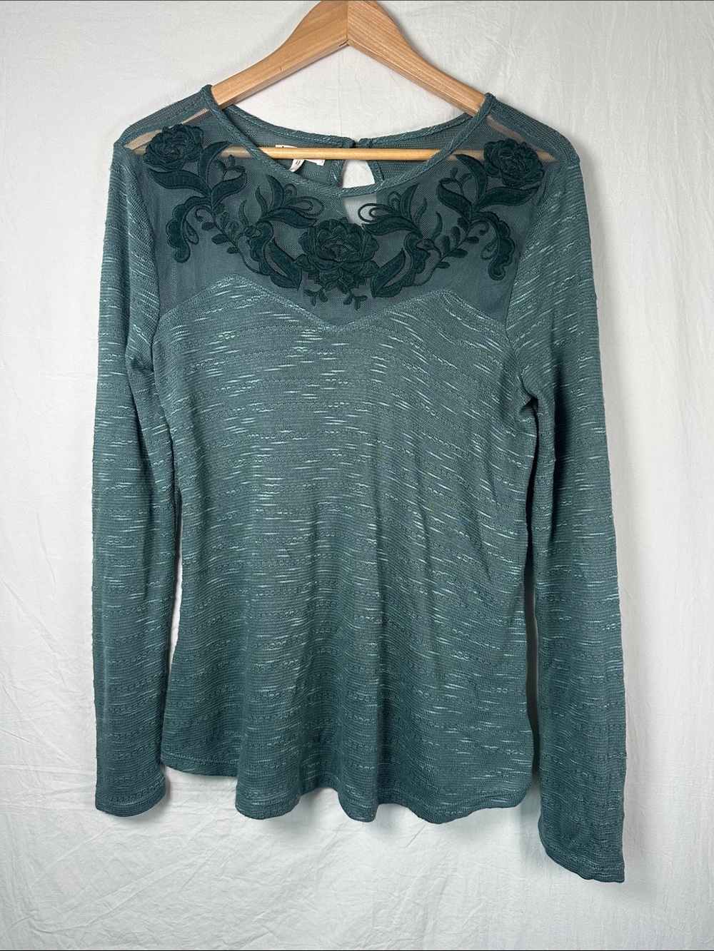 Maurices Teal Long Sleeve Top with Embroidered Mesh Yoke